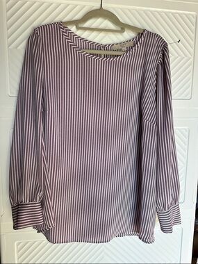 LOFT Blue and White Maroon Vertical Stripe Long-Sleeve Blouse